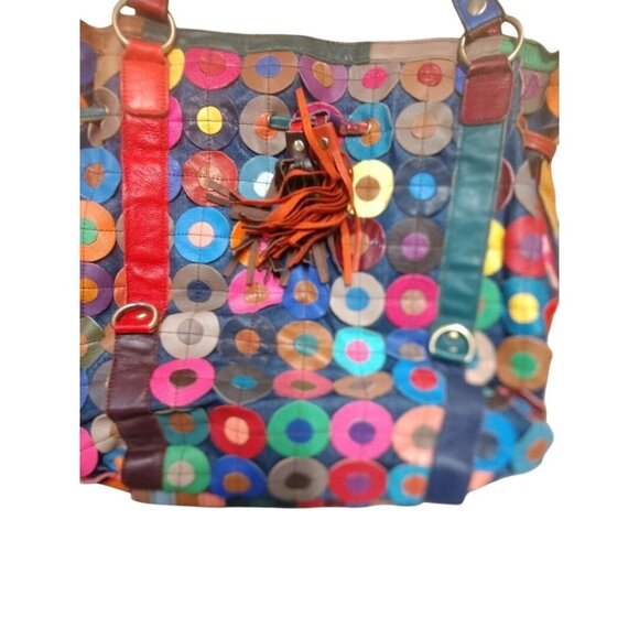 Ameri Leather Multi-Colored Leather Patchwork Tote Bag With Red Accent Pouch & T - Picture 6 of 9